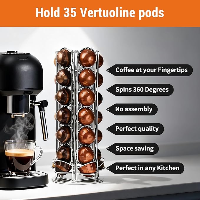 35 Coffee Pods Holder - Silver - 360° Spinning Coffee Pod Carousel Stand | Holds 35 Capsules | Compact Countertop Organizer with Silent Rotation, Durable & Modern