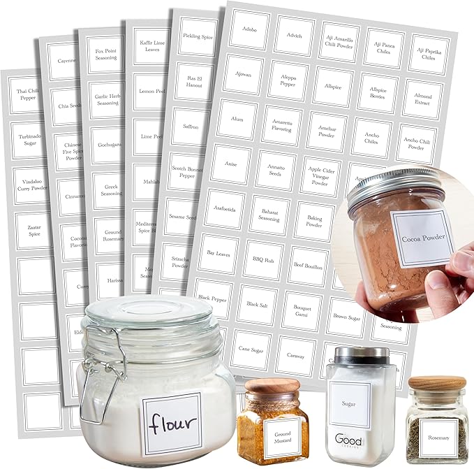 240 Reusable Spice Jar Labels- 1.5" Square Waterproof, No-Residue Stickers, Easy-to-Read Font - 200 Preprinted + 40 Blank -Fits Most Spice Jars & Shakers-Organize Your Pantry for Easier Easter Cooking