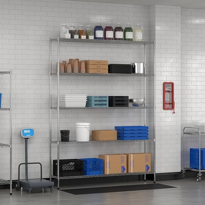 Commercial NSF Listed Chrome Stationary Wire Shelving Kit 14" x 72" x 96", with 5 Shelves Perfect for Warehouse, Walk-in Refrigerator, Freezer, Grocery Store, Restaurant, Dishroom