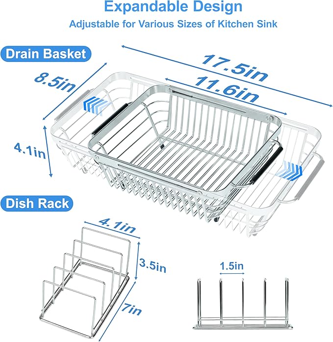 Dish Drying Rack Over The Sink, Stainless Steel Dish Racks for Kitchen Counter, Expandable Drainer for Kitchen Sink Organizer, 2-in-1 Extend Drain Basket and Plates Holder for Utensil Storage