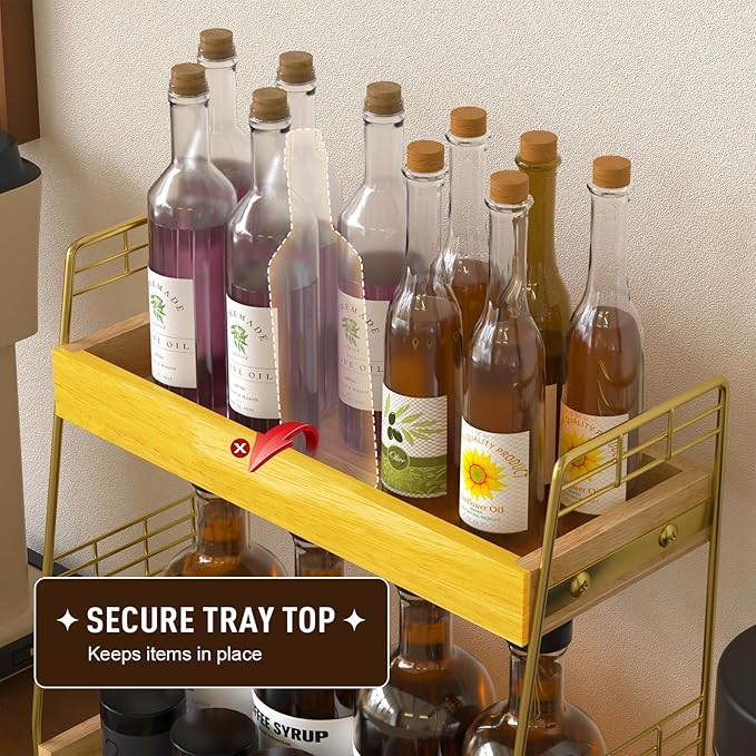 Coffee Bar Station Organizer with Built-In Drawer, 2-Tier Countertop Shelf for Tea Bags, Coffee Accessories, Syrup Bottles (Natural)