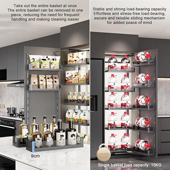 WIGING 4-Tier Narrow Cabinet Pull-Out Basket, High Cabinet Pull-Out Storage Rack with Adjustable Dividers for Kitchen Bathroom Pantry, Single-Layer Load Capacity: 15kg(41.9x45x133cm)