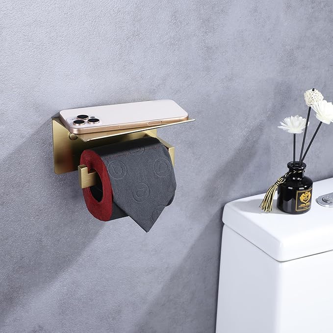 LANC Gold Toilet Paper Holder with Shelf, Adhesive or Screw Toilet Paper Roll Holder with Shelf for Bathroom Wall Mount, Stainless Steel Tissue Holder Dispenser,Brushed Gold Left, A8367BG-LF