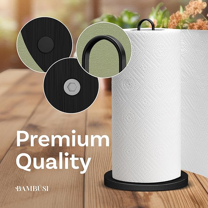 Bambusi Paper Towel Holder Countertop - Wood Stainless Steel Freestanding Kitchen Paper Towel Holder with Non-Slip Base, Wooden Standing Paper Roll Holder for Kitchen, Bathroom, Black