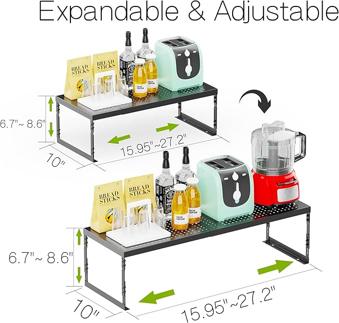 Adjustable Stackable Metal Storage Shelf Organizer - Expandable Wire Rack with Perforations for Kitchen, Pantry, Bathroom, Cabinet & Office-Compact, Durable & Sturdy (2PACKS/Large/Black)