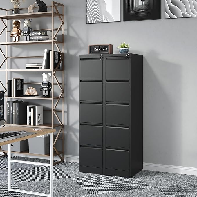 5 Drawer File Cabinet with Lock, Metal Vertical Filing Cabinet for Home Office, 64" Tall Narrow Locking Steel File Cabinets with Drawers, Storage for Legal/Letter/A4/F4, Easy Assemble (Black)