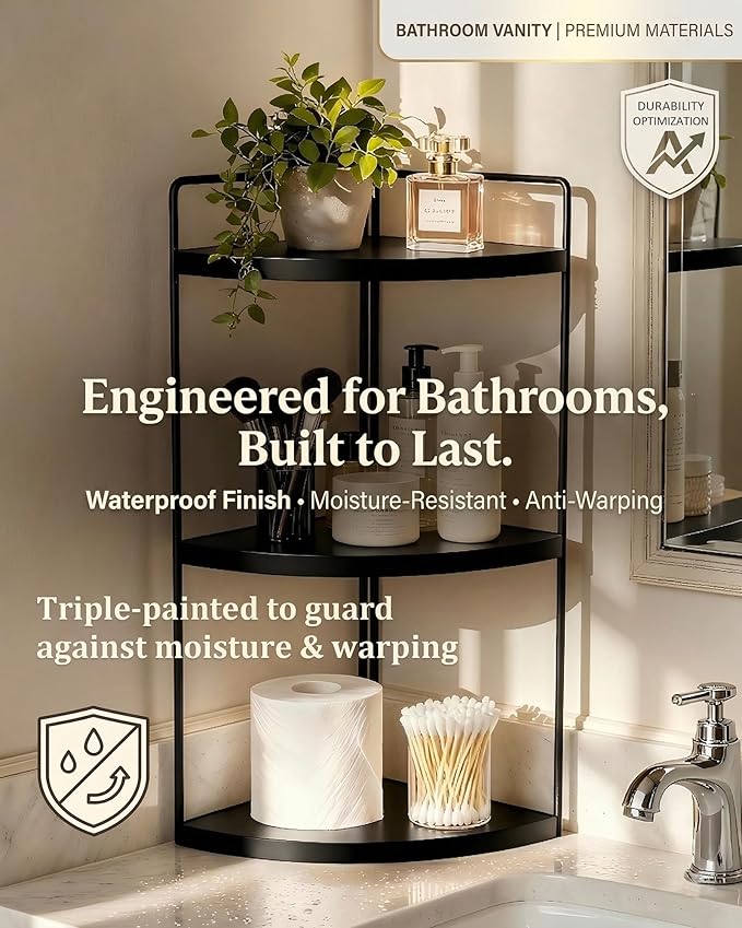 Corner Bathroom Countertop Organizer, 3-Tier Rustic Wood Corner Shelf with Sturdy Metal Frame, Waterproof Vanity Storage for Cosmetics & Toiletries, Space Saving Rack for Kitchen, Black