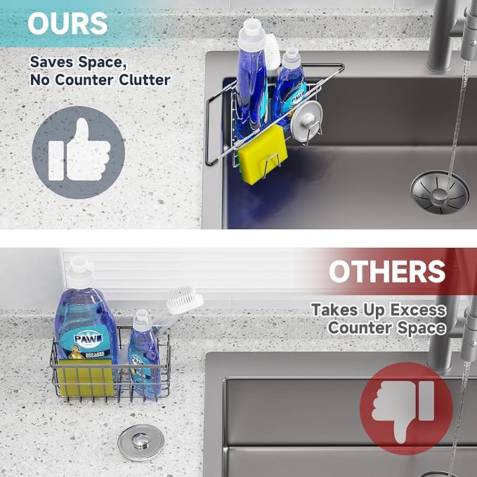 NiHome Extendable Arm Stainless Steel Kitchen Sink Corner Caddy, Easy Install Space-Saving Adjustable Sponge Holder, Non-Slip Rust-Resistant for Brushes, Soap, Sponges (Silver)