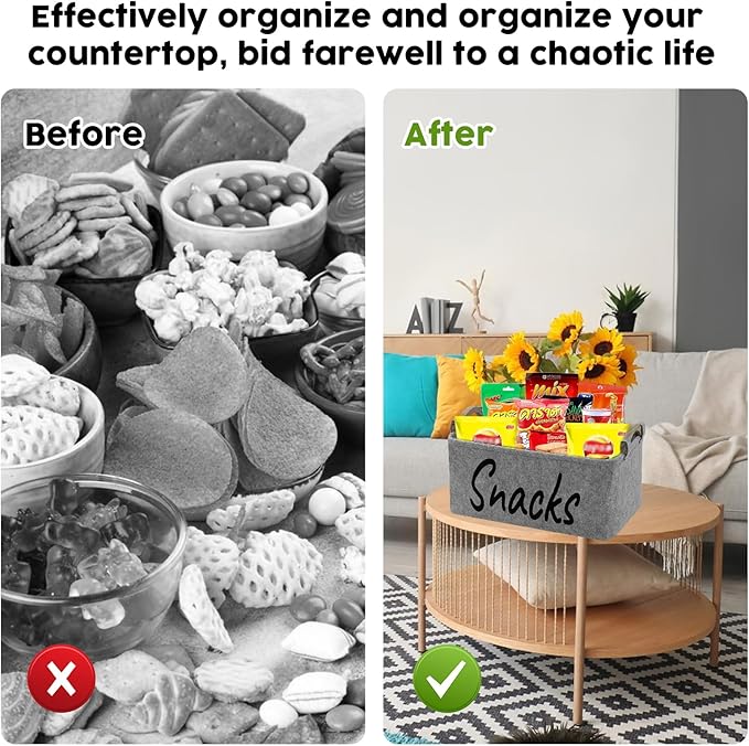 2 PCS Snack Bin Organizer for Pantry, Snack Basket Organizer for Countertop with Wooden Handles Thickened Felt Snack Storage Containers for Storing Chips Pretzels Cookies Popcorn and More