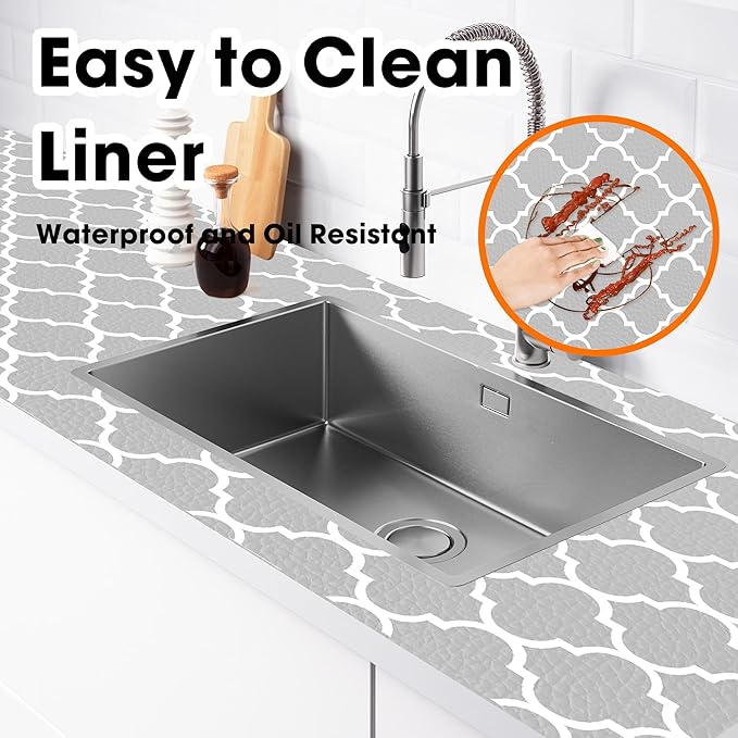 Gopas Drawer and Shelf Liner for Kitchen Cabinets Non-Adhesive, Non-Slip Cabinet Liner Shelf Paper Strong Grip Waterproof Easy to Clean for Kitchen Shelves Cupboard, Gray Lantern,17.5IN X 10FT