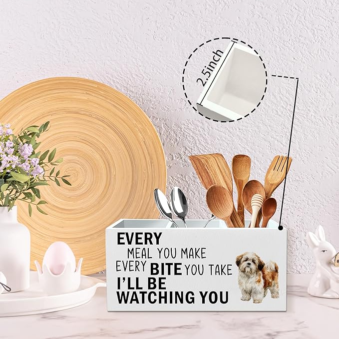Shih Tzu Dog Kitchen Utensil Holder for Countertop, Dog Decorative Lover Gifts, Funny Every Meal You Make Every Bite You Take Wooden Utensil Holder Organizer for Kitchen Table Decor
