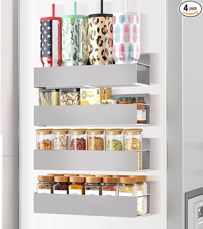 SMRCAD Magnetic Spice Rack for Refrigerator Seasoning Organizer for Spice Fridge Shelf storage Magnetic Shelf with Hook for Oven (4pack-Grey)