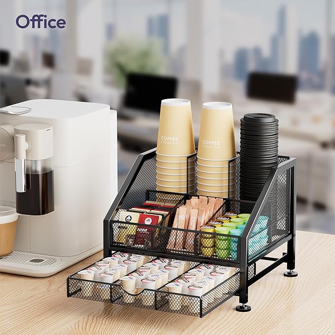 SWTYMIKI Coffee Bar Organizer for Countertop – Space-Saving Kcup Organizer with Drawer and Tiered Shelves, Countertop Coffee Station for Pods, Sugar, Syrup, Cups, Stirrers, Mesh Condiment Storage
