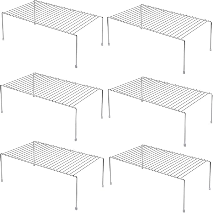 iPEGTOP Set of 6 Large (15.7 x 9.4 Inch) Kitchen Cabinet Organizer Shelf, Wire Freezer Storage Shelves Rack, Rustproof Steel Metal Shelf Riser for Dish Plates Pantry Cupboard Organization, Chrome
