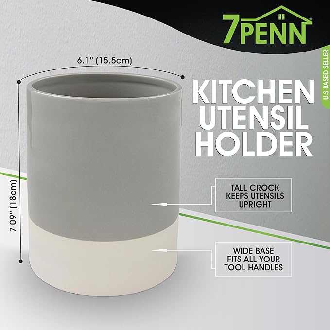 7Penn Kitchen Utensil Holder for Countertop - Jumbo Gray and White Primitive Cooking Utensils Crock for Counter Decor - Glossy and Matte Ceramic Kitchen Tools Organizer Jar for Spatulas
