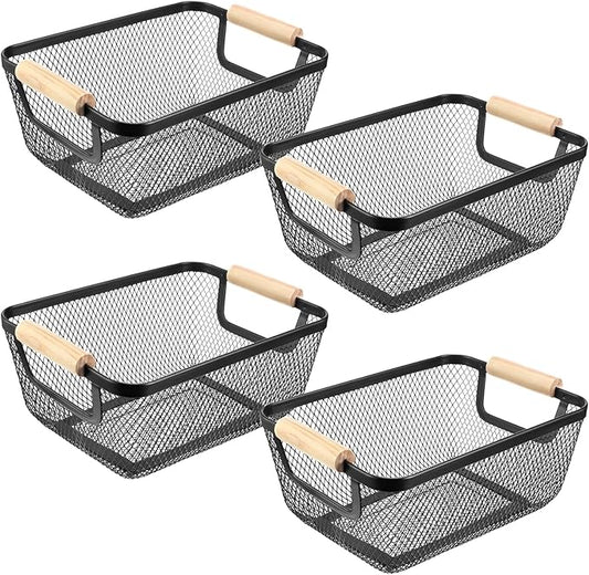 4 Pcs Metal Wire Basket with Wooden Handles Mesh Steel Storage Organizer Bin Containers for Home Organizing Cabinet Pantry Closet Kitchen Fridge Fruit Makeup Snacks Gifts(Small,Black)