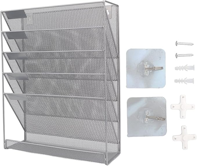 5 Tier Wall File Organizer with Hooks, Wall Mounted File Holder, Vertical Placement Iron Mesh Storage Rack with Label Panels, Easy Installation for Office Home Silver