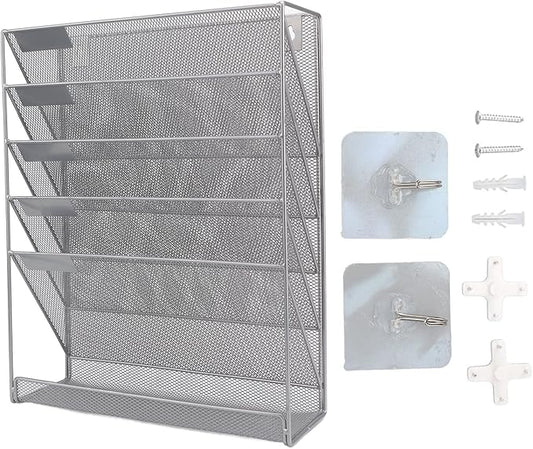 5 Tier Wall File Organizer with Hooks, Wall Mounted File Holder, Vertical Placement Iron Mesh Storage Rack with Label Panels, Easy Installation for Office Home Silver
