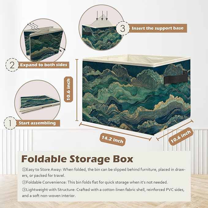 Abstract Waves Japanese Storage Box Bins, Blue and Green Oriental Japandi Collapsible Storage Basket Organizer for Bedroom Laundry Room Home Clothes Toys Books, Toybox for Kids