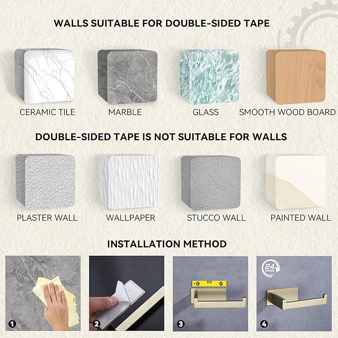 LANC Gold Toilet Paper Holder, Self-Adhesive Toilet Roll Holder Wall Mounted for Bathroom RV, Stick On Tissue Roll Holder with No Drilling Rustproof Stainless Steel,Brushed Gold, A8307BG