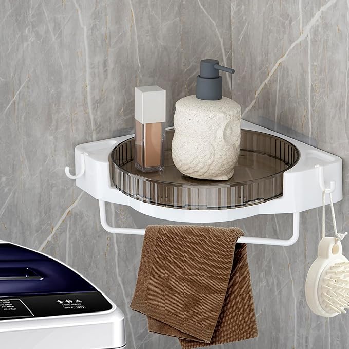 360° Rotating Corner Shower Caddy, No Drill Adhesive Turntable Shelf, Spinning Bathroom Organizer Rack with Towel Bar & Hooks for Shampoo Makeup Kitchen Spice (Grey)