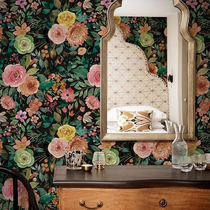 JiffDiff Blooming Floral Wallpaper Peel and Stick Pink Impressionist Floral Wall Mural Peony Roses Wallpaper Nursery Wall Decor (Black-Camellia, 17.7" X 393.7")