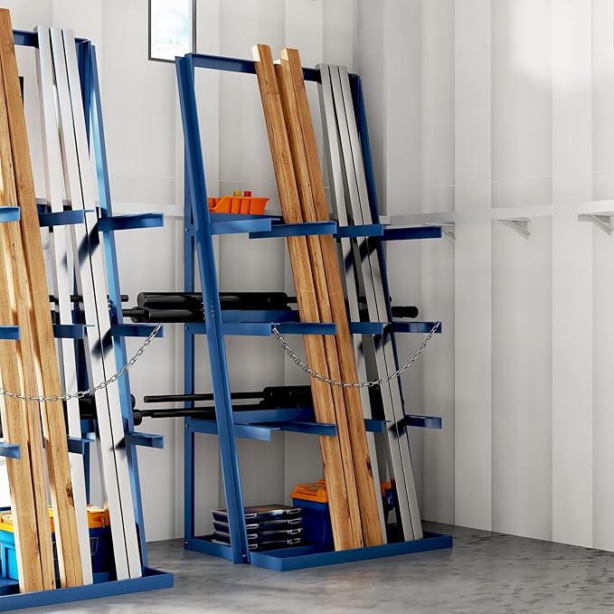 Vertical Bar Rack, 3000 Lb Capacity, 3 Bays Pipe and Lumber Storage Rack, Heavy Duty Standing Bar Storage Shelf with Safety Chains, Steel Long Parts Organizer Shelf, 39"D x 24"W x 84"H, Blue