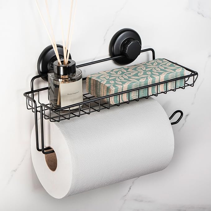 HASKO Suction Cup Paper Towel Holder with Shelf and Hooks - Wall Mount Metal Organizer for Bathroom & Kitchen - SUS 304 Stainless Steel Tissue Roll Hanger - Black