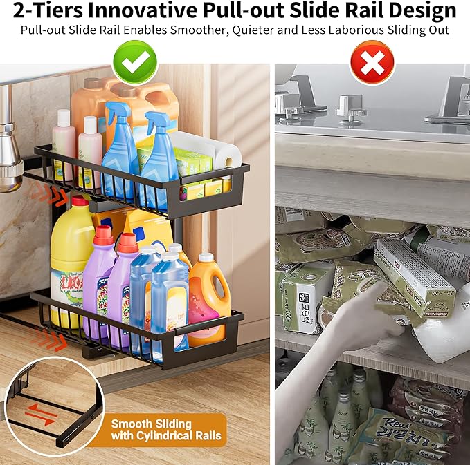 TOFWOF Under Sink Organizer 2 Pack, 2 Tier Adjustable Height Reinforced Carbon Steel Under Kitchen Bathroom Sink Storage Organizer, Smooth Pull-out Under Sink Cabinet Rack Drawer Organizer, Black