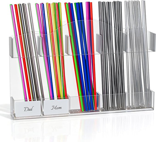 9.8" Acrylic Straw Holder for Cabinet Door - Straw Organizer with Ultra-Sticky Adhesive, Kitchen & RV Essensials, 5-Compartment Storage for Reusable Straws & Brushes, Colored Pencils, Markers