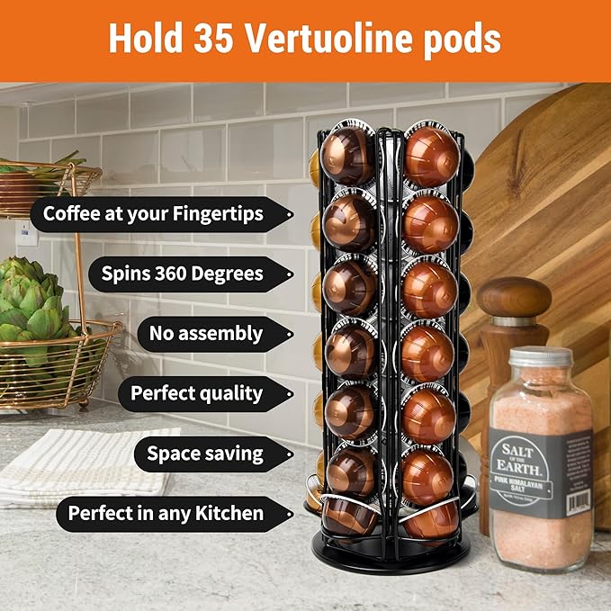 35 Coffee Pods Holder - Black - 360° Spinning Coffee Pod Carousel Stand | Holds 35 Capsules | Compact Countertop Organizer with Silent Rotation, Durable & Modern