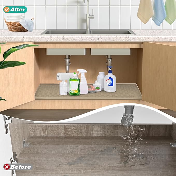 FORWOS Waterproof Under Sink Mat 22" x 19", Silicone Cabinet Liner, Rubber Protector for Kitchen and Bathroom, Keeps Cabinets Clean, Dry, and Organized (Beige)