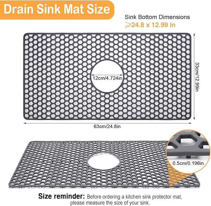 Myirxcv Sink Protectors for Kitchen Sink, 24.8"x 13" Farmhouse Kitchen Sink Protector Grid, Silicone Mat for Farmhouse Stainless Steel Porcelain Sink（Center Drain）