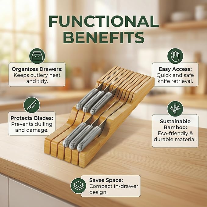 Culinary Edge Bamboo In-Drawer Knife Block Organizer | Space-Saving Knife Drawer Insert for Safe Blade Storage | Eco-Friendly Bamboo Knife Organizer for Kitchen Drawers