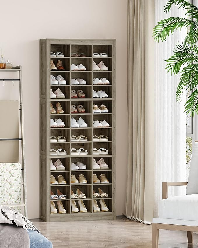 Shoe Storage Cabinet, 36 Pairs Free Standing Closet Organizer, 8.8 inch Widened Cell Wood Shoe Organizer, 12 Tiers Vertical Space Saving Shoe Rack for Entryway, Cloakroom, Greige SR20705B