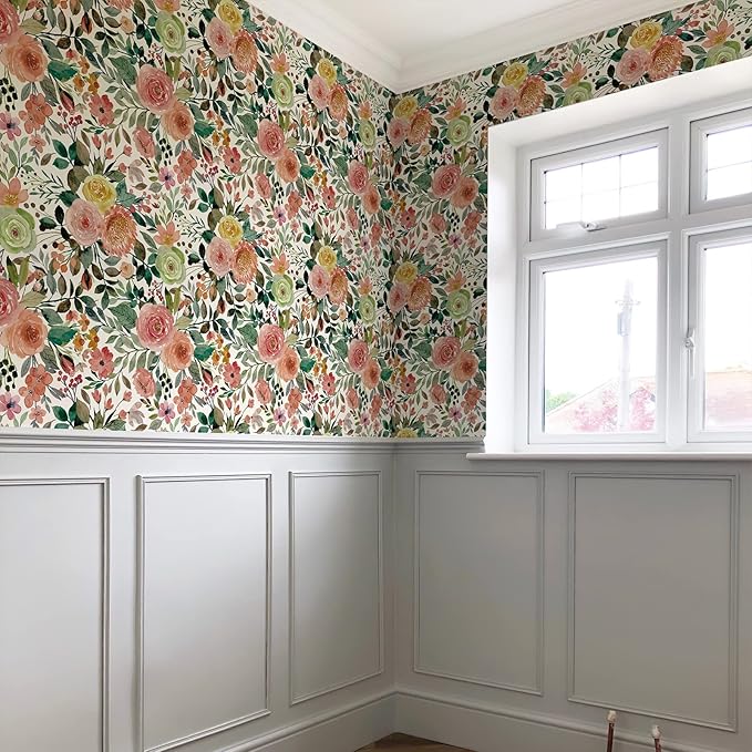 JiffDiff Floral Wallpaper Peel and Stick Pink Floral Wall Mural Removable Peony Roses Wallpaper Nursery Wall Decor (Camellia, 17.7" X 393.7")
