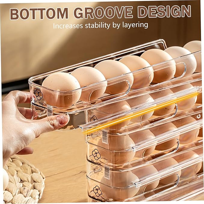Egg Storage for Fridge 2 Tier Automatic Scrolling Egg Holder for Fridge, Stackable Space-Saving Clear Plastic Storage Container