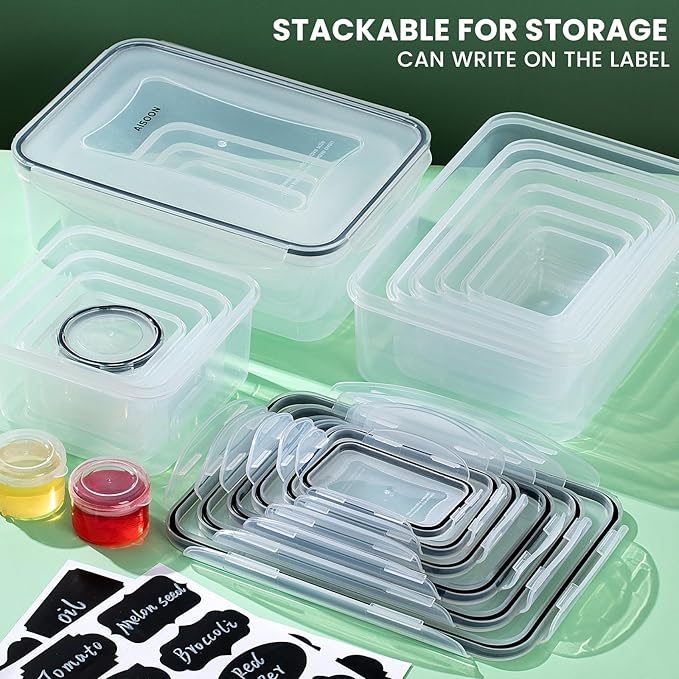 AISOON 50 Pcs 85 Oz Airtight Food Storage Containers Set with Lids, Leakproof Stackable BPA-Free Kitchen & Pantry Organizer Set, Reusable Meal Prep & Freezer-Safe Containers with Labels & Pen