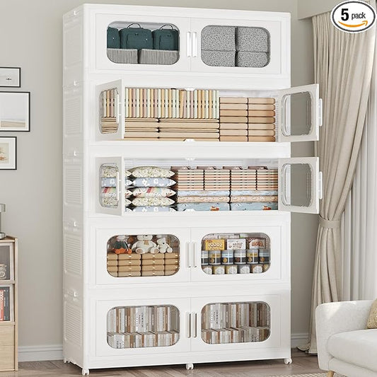 250Gal Extra Large Stackable Storage Bins with Lid & Wheels & Doors, 200QT/50GAL 5-Tiers Collapsible Closet Organizers Plastic Containers Drawers Boxes for Home Kitchen Bedroom, White
