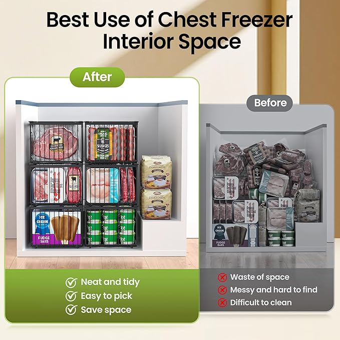 MSERCUOR Freezer Organizer Bins, 3 Pack Big Stackable Deep Chest Freezer Organizer Bins, Foldable Baskets with Handles, Black Storage Container Baskets for 5 to 9 Cu.FT Deep Freezer Sort Frozen Meats