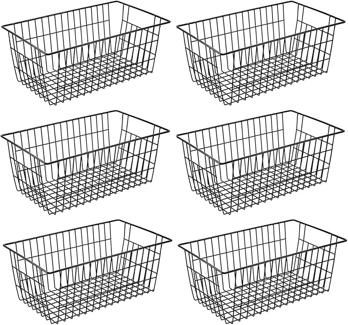 GEDLIRE 15.2" Metal Wire Baskets for Organizing 6 Pack, Household Pantry Storage Freezer Organizer Bins with Handles, Freezer Baskets for Upright Freezer, Refrigerators, Kitchen Cabinets, Black