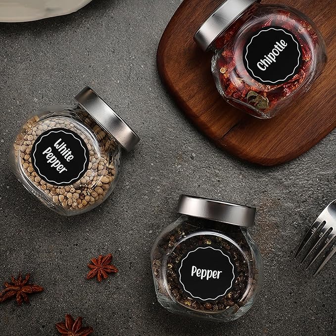 144pcs 1.5 Inch Preprinted Round Spice Jar Labels, Chalkboard Waterproof Oil Resistant, Kitchen Pantry Organization (Including 9 Blank Labels)