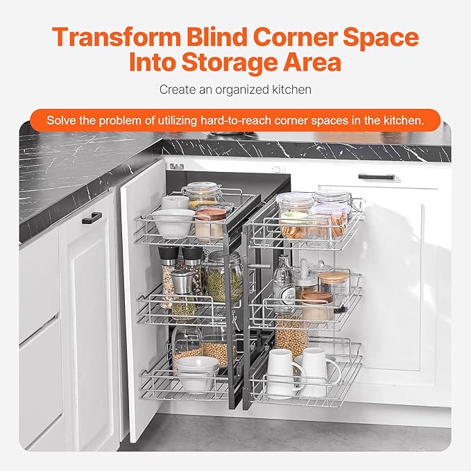 Happybuy Min Opening Blind Corner Pull Out Organizer,Left & Right Open Compatible,15" W,3-Tier 6 Shelf Kitchen Cabinet Organizer, Chrome Carbon Steel Storage Basket, Slide Out Storage Organizer