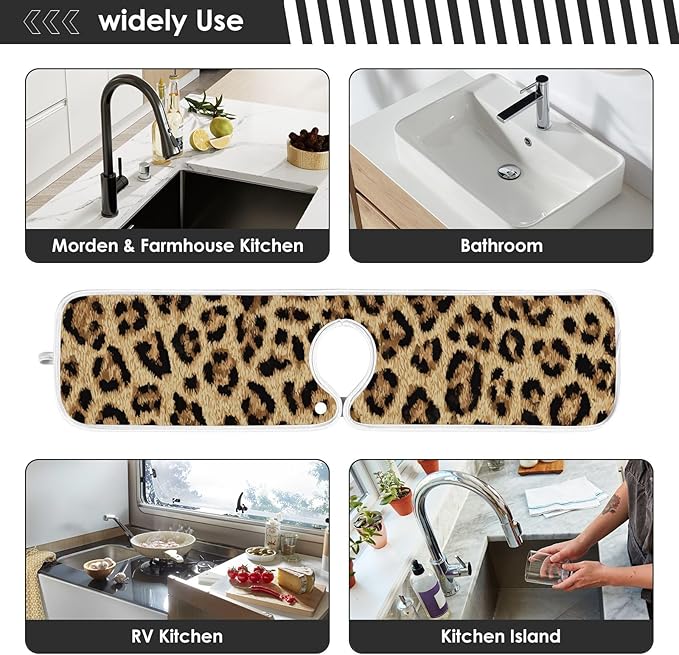 2 PCS Kitchen Sink Splash Guard 23.6 Inch Faucet Mat for Kitchen Sink Bathroom Sink Faucet Absorbing Drip Drain Mat Pad Microfiber Soft Washable Brown Leopard Print