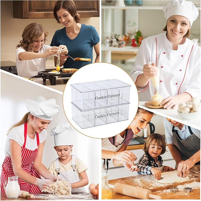 2 Pack Cookie Cutter Tool Storage Box,Cake Decorating Supplies Storage Accessories Bins,Baking Storages Containers with Dustproof Lid,Biscuits Cutter Organizer Storages with 8 Adjustable Compartment