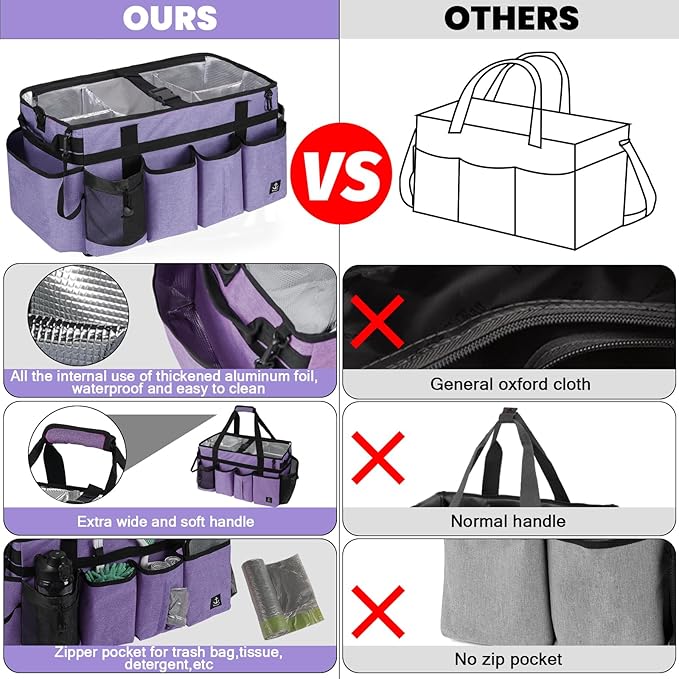 Timoxi Extra large Cleaning Caddy Bag Built-in Sturdy Support Board, Cleaning Organizer with Detachable Divider, Cleaning Supply Tote with Adjustable Shoulder Strap (Purple, 19'' x 11'' x 11'')
