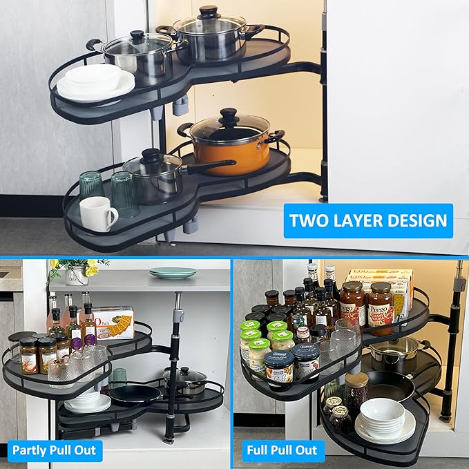 HANKEY Swing Left Blind Corner Cabinet Pull Out Organizer 2-Tier Slide Out Kitchen Organizers and Storage with Soft Close, Kitchen Cabinet Lazy Susan Organizer for Cabinet 36inch, Left Open