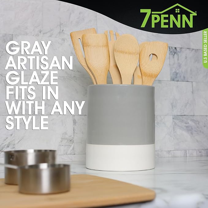 7Penn Kitchen Utensil Holder for Countertop - Jumbo Gray and White Primitive Cooking Utensils Crock for Counter Decor - Glossy and Matte Ceramic Kitchen Tools Organizer Jar for Spatulas