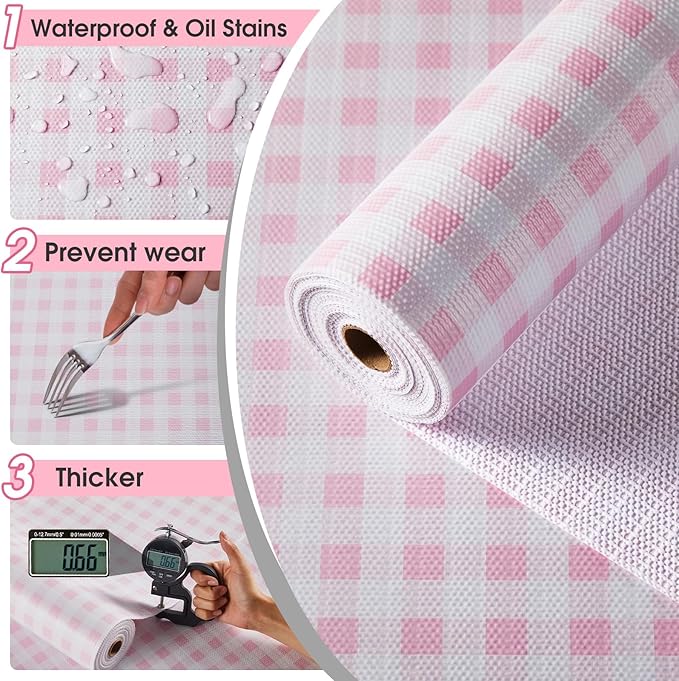 ALIUNI Drawer and Shelf Liner, Non-Slip Kitchen Cabinet Liners Non-Adhesive Thick Strong Grip Waterproof Washable Mats Protect Dresser Shelves Cupboard Bathroom Cabinets, Pink Plaid, 18 in X 20 FT