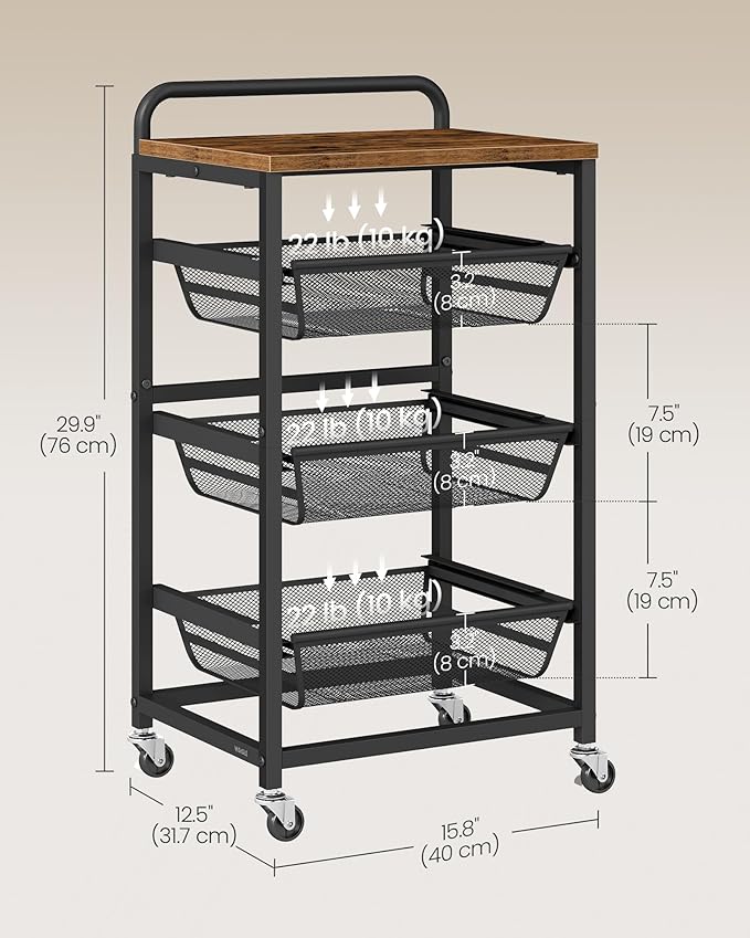 VASAGLE Storage Rolling Cart with Pull-Out Baskets, 4-Tier Utility Cart Orgnizer with Wheels for Laundry Room, Kitchen, Handle, 12.5 x 15.8 x 29.9 Inches, Rustic Brown and Ink Black ULRC040K01